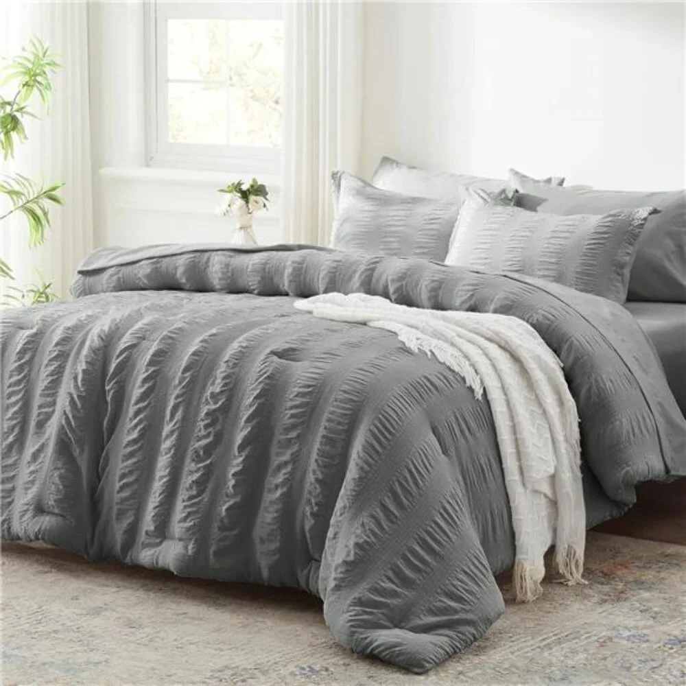 New Full Comforter Set 7 Pieces, Grey Seersucker Bed in a Bag with Comforter